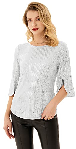 Damen Elegant Pailletten Bluse 9/10 Ärmel Loose Fit Rundhals Tops Casual Shirt 2XL Silber CL1777A22-02