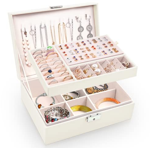 Larkumio Schmuckkästchen Mädchen Damen Groß, Schmuckaufbewahrung Schmuckkasten Sperren Schmuckschatulle, PU Leder Schmuckkiste 2 Schicht Jewelry Box Schmuckbox für Halsketten Ohrring Ring, Weiß