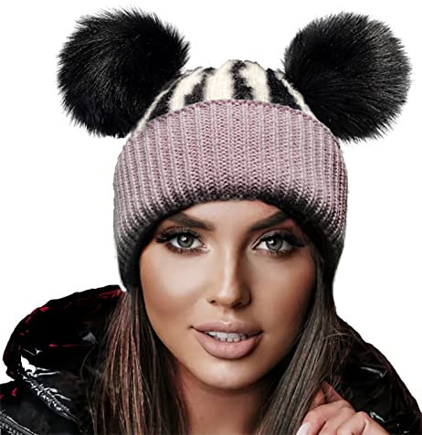 4sold Wintermütze Miki für Damen, Mädchen, aus Wolle, Strickmütze mit zwei Pom-Poms, für Ski, Snowboard, Einheitsgröße