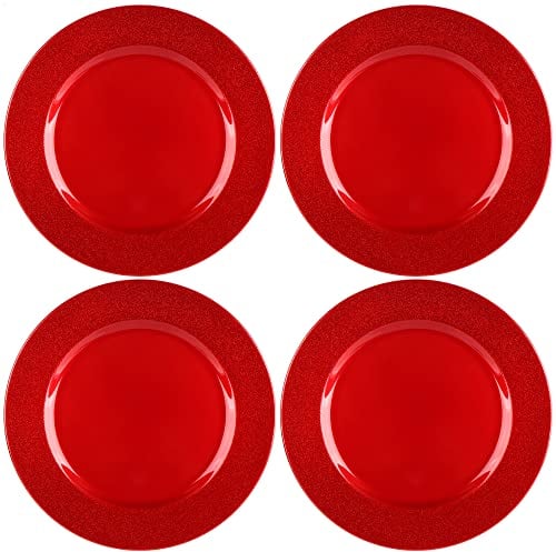 com-four® 4x Platos Base en Rojo Brillante con Borde Brillante - Platillos Monocromáticos Reutilizables - Decoración de Mesa - Platos para Bodas, Celebraciones Familiares o Navidad - Ø 33 cm