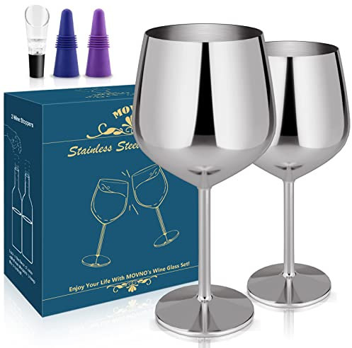 Weinglas aus Edelstahl, 2 Stück, 530 ml, unzerbrechliche Weingläser aus Metall mit Weinstopfen und Ausgießer, Weinkelch mit Stiel, perfekte Geschenke für Reisen im Freien Party