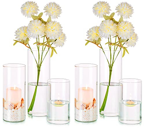 Hewory Zylinder Vase Glas Blumenvase 6er Vasen Set Windlicht Glas Kerzenhalter für Stumpenkerzen Schwimmkerzen, Klar Glasvase Glaszylinder Mit Boden für Hochzeit Tischdeko Wohnzimmer Deko, 15/20/25cm