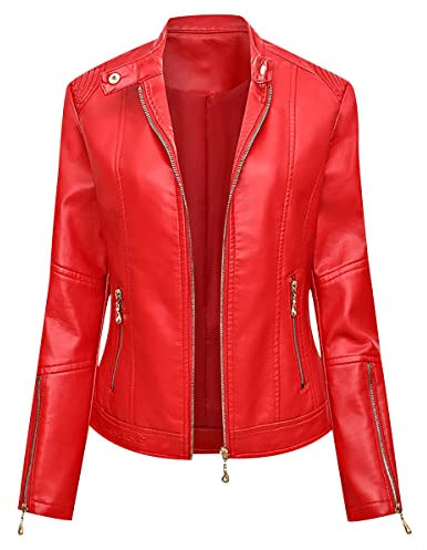 Veste Simili Cuir Femme Blouson Simili Cuir Faux Leather Jacket Femme Veste Biker Blouson Motard Femme Veste Cintrée Imitation Cuir Femme Col Montant PU Grande Taille Blousons Moto Femme Rouge 4XL