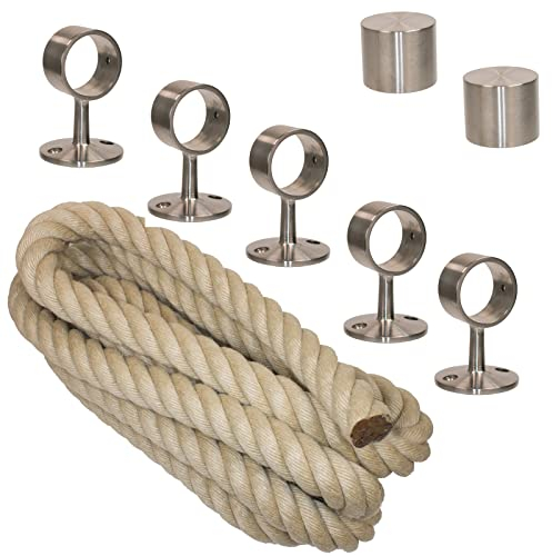 Handlaufseil Set 40mm - bestehend aus 2 Endkappen 5 Seilträger Edelstahl matt und 5m Nature Touch Handlaufseil naturfarben