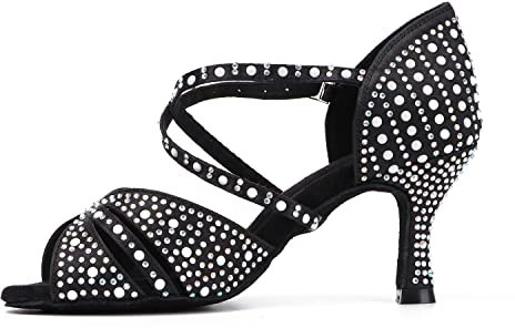 Syrads Womens Professional Latin Dance Shoes Open Toe Salsa Bachata Dance Shoes Glitter Strass Salsa Latin Dancing Heels,Nero 7.5cm Heel,39 EU