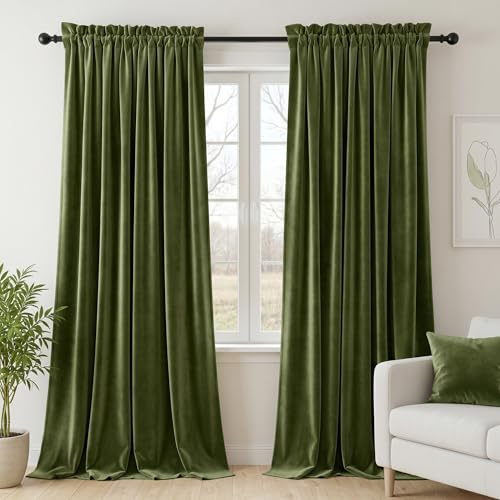 Dchola Olivgrüne Samtvorhänge für Schlafzimmerfenster, superweiche Vintage-Luxus-schwere Vorhänge, Raumverdunkelungsvorhang für Wohnzimmer, B 132 x L 213 cm, 2 Paneele