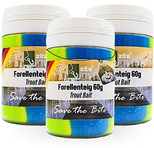 Zite Fishing Forellenteig-Set mit Knoblauch-Aroma 60g – Fängige Forellenpaste Schwimmend als Forellenköder – Trout Bait Teigköder in knalligen UV Neonfarben mit Glitter - 3 Stück (Regenbogen Grün)