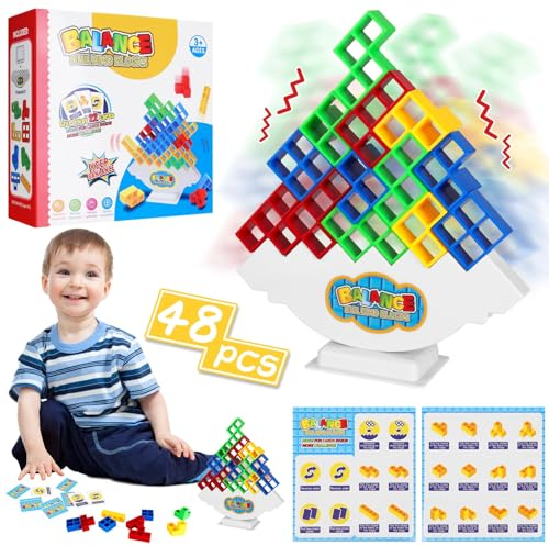 Bambebe 48 PCS Tetra Tower Balance-Spiel, Schaukelstapel Hoch Kinder-Balance-Spielzeug, Stapelblöcke Balancing Spiel Puzzlespiele-Geschenke für Jungen und Mädchen ab Jahre 3 +