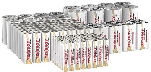 Tenergy 120 Pack Alkaline Batteries, 48 Pack AA Batteries, 48 Pack AAA Batteries, 8 Pack C Size Batteries, 8 Pack D Size Batteries, and 8 Pack 9V Size Batteries for Household Electronics