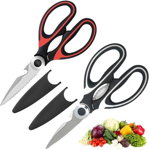 Heavy Duty Kitchen Scissors, Sharp Kitchen Scissors Multipurpose Utility Stainless Steel Scissor, Kitchen Shears for Chicken, PoultryMeat, Vegetables, Herbs, BBQ,Bottle & Jar Opener(2pcs )