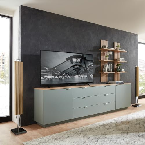 Lomadox TV Sideboard Set mit Wandregalen Fernsehschrank grün mit Eiche, Breite 240 cm, Wohnwand, Fernsehwand