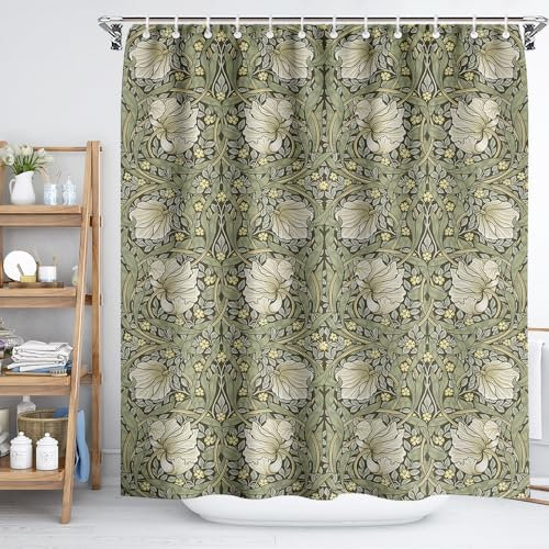 Fchen art Rideau de douche en polyester avec 12 crochets Motif William Morris Vert sauge 180 x 180 cm