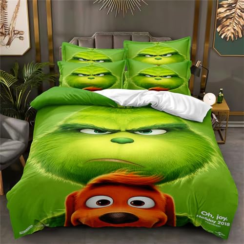 Molinter Bettwäsche Set Weihnachten Grinch Bettbezug mit Reißverschluss 2 Kissenbezüge Cartoon Mikrofaser Bettwäscheset (B, 135 x 200 cm+2 Kissenbezüge 50 x 75 cm)