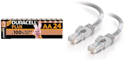 Duracell Plus AA Batteries (24 Pack) - Alkaline 1.5V - Up To 100% Extra Life LR6 MN1500 & C2G 0.3 m Cat6 Booted Unshielded Network Patch Cable - Grey