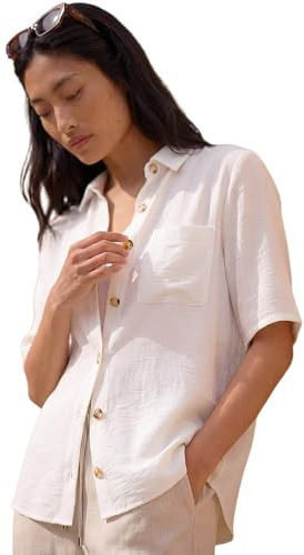 Roman Originals Short Sleeve Shirt for Women Ladies Cotton Blouse Button Tunic Printed Top Work Smart Casual Going Out Work Office V Neck Everyday Evening Event - Petite White - Size 12