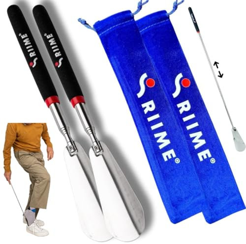 RIIME 2Pcs-Chausse Pied-Etuis Velours-Chausse pied Long Metal 26-74cm-Pratique & Retactable-Acier Inoxydable-Manche Antiderapant et Tige Telescopique-Aide a Mettre ses Chaussures sans se Baisser