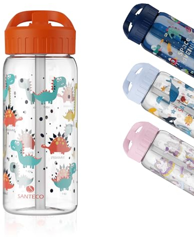 SANTECO Trinkflasche Kinder Auslaufsicher 0,5L - Sport Trinkflasche Schule mit Strohhalm - leichte Tritan Wasserflasche zum Wandern & Fitnessstudio - BPA frei - für Kindergarten, Schule