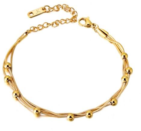 Kim Johanson® Bracelet de cheville en acier inoxydable pour femme - Motif « Kala » - Argenté, or et or rose - Chaîne de cheville multi-rangs avec de nombreuses boules fixes - Étanche - Bijou bohème