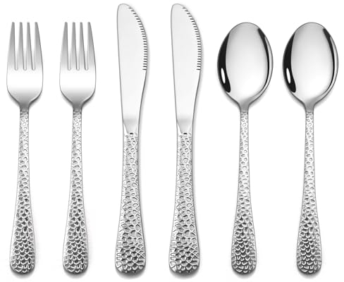 Homikit 6Pcs Kids Cutlery Set, Stainless Steel Children Flatware Sets Include 2X Knives, 2X Forks, 2X Spoons, Hammered Handle Design, Healthy & Non-Toxic, Mirror Polished & Dishwasher Safe