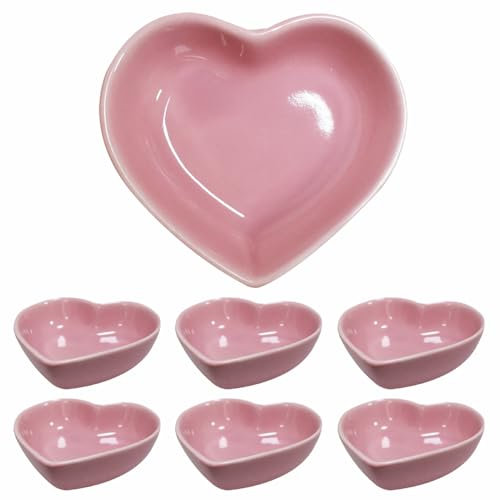 Lotatheta Pink 6 pcs Soy Sauce Snack Dish Heart Shaped Porcelain Ceramic Dip Dipping Bowls 1.65 oz for Dinner Baking BBQ and Cooking