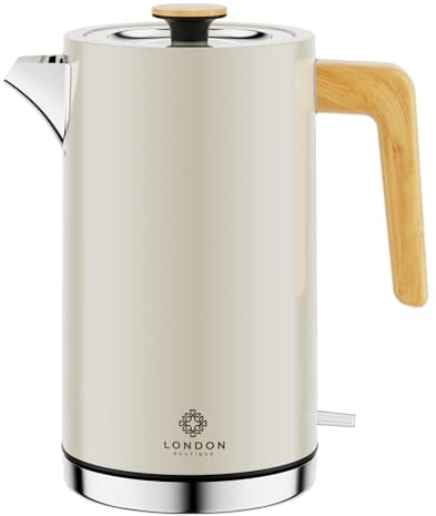 London Boutique Electric Kettle, Stainless Steel kettles Electric, Cordless Fast Boil Electric kettle with Wood Effect, Boil Dry Protection, Anti-Scale Filter, UK Strix Controller,3KW Cream