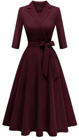 Meetjen Women's Formal Cocktail Dresses Modest Faux Wrap Bridesmaid Vintage Tea Party Ladies Dress 2024,Burgundy,L
