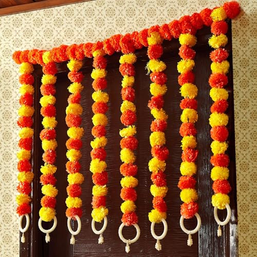 TIED RIBBONS Hintergrunddekoration für Zuhause, künstliche Ringelblumen-Blumen-Girlande für indische Dekorationen, Gelb, Orange, Girlande für Tür, Wandbehang, indische Hintergrunddekoration, 7,5 m