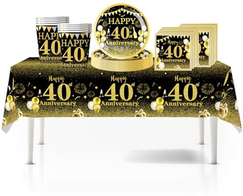 41Pcs Black Gold Happy 40th Birthday Party Tableware Set Plastic Table Cloth,Paper Plates Napkins 40th Birthday Table Decorations Disposable Tableware Kit for Men Women 40th Birthday Decorations