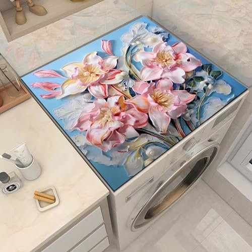 Odot Cubierta para Lavadora, 3D Flor Protector Superior Lavadora y Secadora, Alfombra para Lavadora Antideslizante para Lavadora Microondas Refrigerador (Azul,50x50cm)