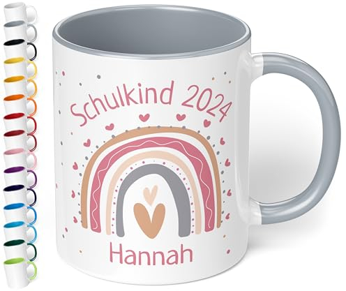 True Statements Keramik-Tasse personalisiert „Schulkind 2025“ - Geschenk zur Einschulung für Mädchen - Regenbogen Herzen - 330ml - Erstklässler Schüler 1. Klasse, Grau