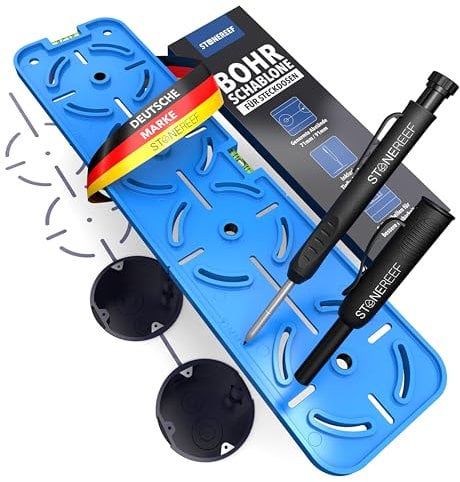 Stencil per prese [incl. pennarello profondo] perfetto per cartongesso, scatole cavità e scatola da incasso, livella a bolla elettricista, stencil per corona di trapano, punte da 71 mm e 91 mm