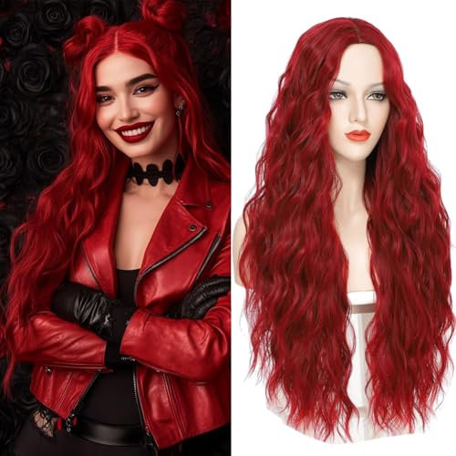 PORSMEER Damen Perücke Rot Lang Lockige Perücken für Frauen, Natürlich Mittelscheitel Lange Locken Rote Wig, Anime Cosplay Halloween Wigs 28 Zoll