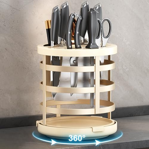 Knife Block without Knives, Knife Block with Slots and 360° Rotatable, Knife Blocks, Knife Holder with Drip Tray, Kitchen Knife Organiser with Cutlery Holder, Rotating Knife Holder Block - Yellow
