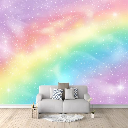 Fototapete Regenbogen Batik Farbverlauf 3D Effekt – Vliestapete Wandtapete für Kinderzimmer Wohnzimmer Schlafzimmer, Pastell Galaxie Sternenhimmel Einhorn Wandbild Wanddekoration 300 x 210 cm, Bunt