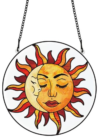 PLIGREAT Sonne und Mond Sonnenfänger Buntglas Sonnenfänger Boho Sonnenfänger Fensteraufhängung Dekoration mit Metallkette Glasscheibe Dekor für Wohnzimmer Garten Weihnachten Dekor