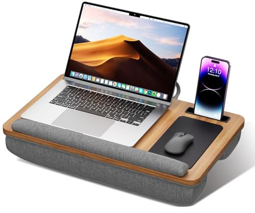 Tragbarer Wood Laptopkissen, passend für bis zu 17-Zoll-Laptops, Laptopkissen mit Anti-Rutsch-Streifen und Telefonhalter, Leichter Schoßtablett-Tisch mit Kissen für Couch und Bett (Buche)