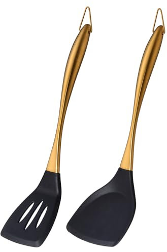 2 Pcs Silicone Spatulas Turners, Solid and Slotted Spatula Set,Made of 446°F Heat Resistant Food Grade Silicone and Stainless Steel Handles, for Cooking, Grill, Flipping Eggs, Fish, Pancake (Gold)