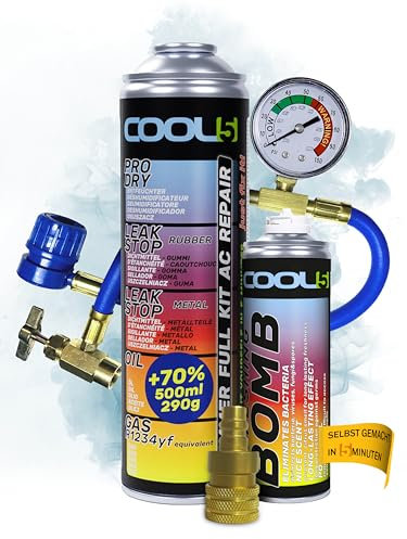 COOL5 Ersatzkältemittel r1234yf für Autoklimaanlagen – 1 Dose 5in1, 290g + Druckleitung mit Manometer + Adapter + Lufterfrischer für Auto + APC 500 ml