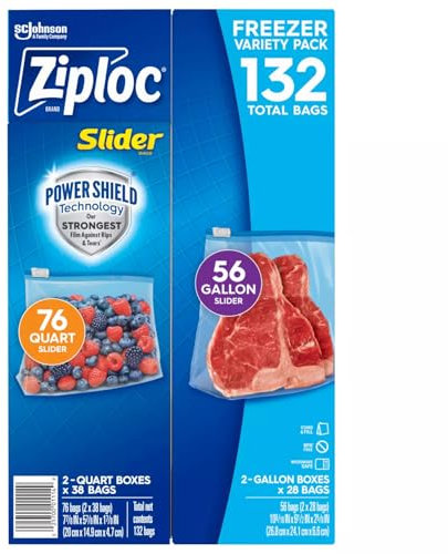 Ziploc Slider Freezer Bags Variety Pack, 132 Count, Power Shield Technology, 76 Quart and 56 Gallon Bags