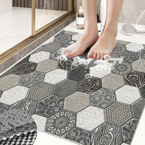 Surwin Tappetino da Doccia Antiscivolo, Modelli di Piastrelle Tappetino da Bagno in Luffa PVC Morbida Tappeto Antiscivolo con Scarico Lavabile Asciugatura Rapida Doccia (Grigio Scuro,60x60cm)