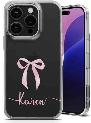 AIGAT Personalised Phone Case for iPhone 13 Pro - Clear Soft Silicone Gel Custom Cover Beautiful Girly Bows and Hearts Design Individual Style Initials Any Text - Name