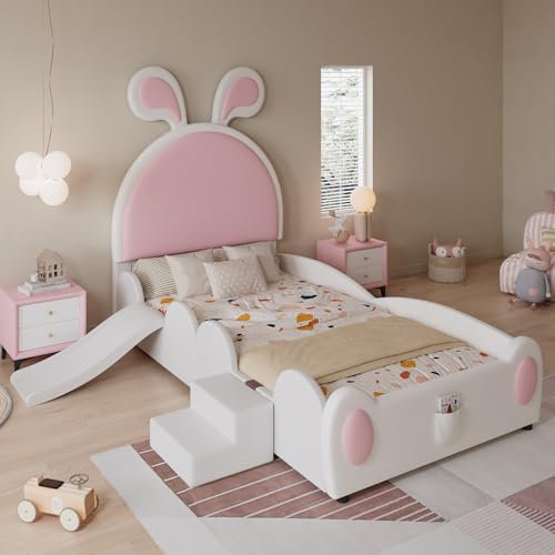 Dolamaní Mädchen Kinder Bett 90x200 cm Mit Kleiner Treppe und Kinderrutsche, Polsterbett PU Kopfteil mit Hasenohren, Einzelbett (Weiß+Rosa)