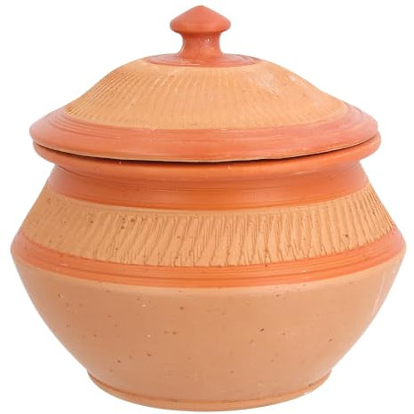 Clay Handi Earthen Pot with Lid Terracotta Biriyani Curry Balti Serving Pot Curd Handi Pot Deep Round Clay Indian Hand Made Traditional Mitti Pot Decorative (Brown, 2.5 Litre)