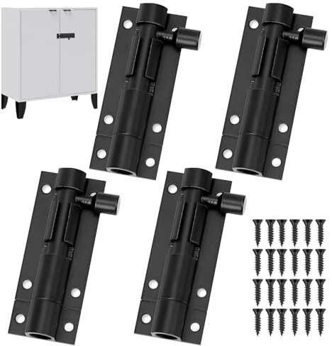 4Pack Small Bolt Lock, 2 Inch Black Tower Bolt, Door Bolts for Internal Doors, Slide Gate Bolts with Screws, Stainless Steel Door Latch, Black Sliding Locks for Gate, Doors, Cabinets, Shed, Bedroom
