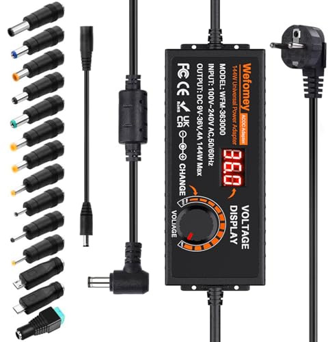 Alimentatore Regolabile in Tensione DC 9-36V 4A 144W, Adattatore Universale AC/DC 100V-240V AC a DC con 14 Spine CC e Convertitore di Polarità per Elettronica Domestica - 4000mA Max