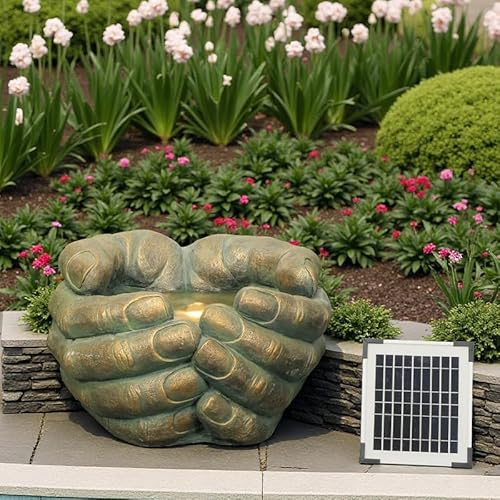 50 cm Langer, handgeformter Brunnen – Außenbrunnen mit LED-Beleuchtung – geeignet für Gärten, Innenhöfe, Terrassen, Balkone, Veranden und Vorbauten, goldfarben