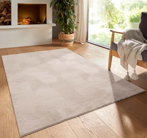 Taracarpet Kurzflor Boho Skandi Polyester Teppich in 3D Optik waschbar, pflegeleicht und robust ideal fürs Wohnzimmer, Schlafzimmer und Kinderzimmer auch als Badematte Beige Wellen 080 cm rund