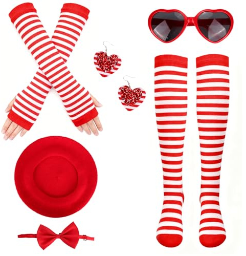 Karneval Kostüm Damen Kopfschmuck, Rot Weiss Karnevalskostüm, Ärmel, Strümpfe, Herzbrille, Fliege, Ohrringe für Köln Fasching Karnevalskostüme, Karnevalskostüm Damen, Kölle Faschingskostüme Zubehör