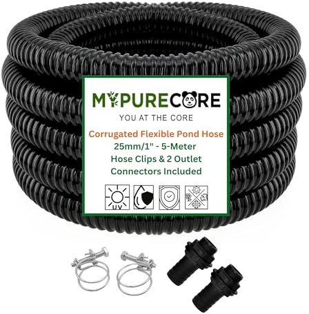 MYPURECORE Corrugated Flexible Pond Hose Set – 25mm / 1 PVC Hose with 2 Double-Wired Metal Clips & 2 Barbed Water Tank Outlet Connectors – for Pond Pumps, Waterfalls & Drainage (5-Meter)