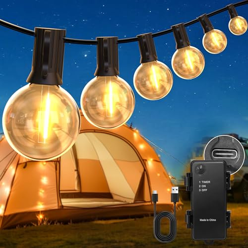 DSLebeen Outoor Festoon Lights 60FT 18M, Rechargeable Battery Garden Lights | Battery Operated Outdoor String Lights, Timer function, Rechargeable 6000mAh battery, USB-C charging, Waterproof IP64